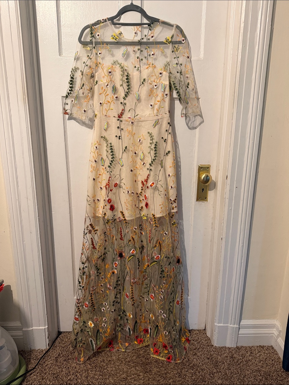Aura Cream Mesh Dress with Multicolor Floral Embroidery